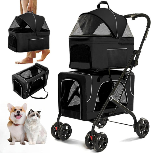 Double Dog Stroller with Detachable Carriers, Foldable Pet Cart for Small & Medium Pets (Blue)