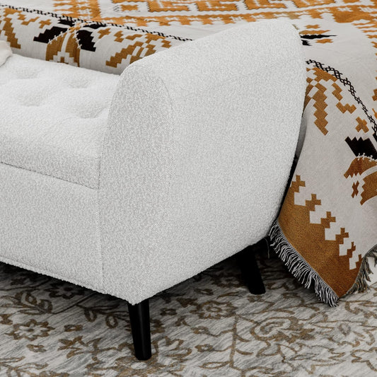 Modern Reclining Storage Bench with Armrests, Upholstered Accent Chair for Bedroom & Living Room (Cream)