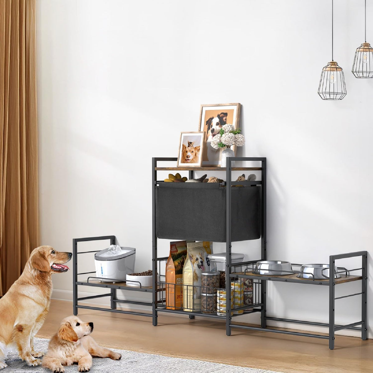 Adjustable Elevated Dog Bowl Stand with 2 Feeding Stations & Storage Basket