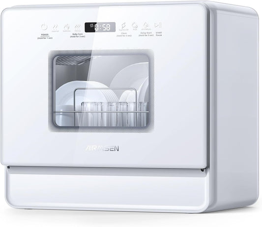 Portable Countertop Dishwasher, 5L Tank, 3 Spray Arms, 12H Delay, No Hookup Needed, White