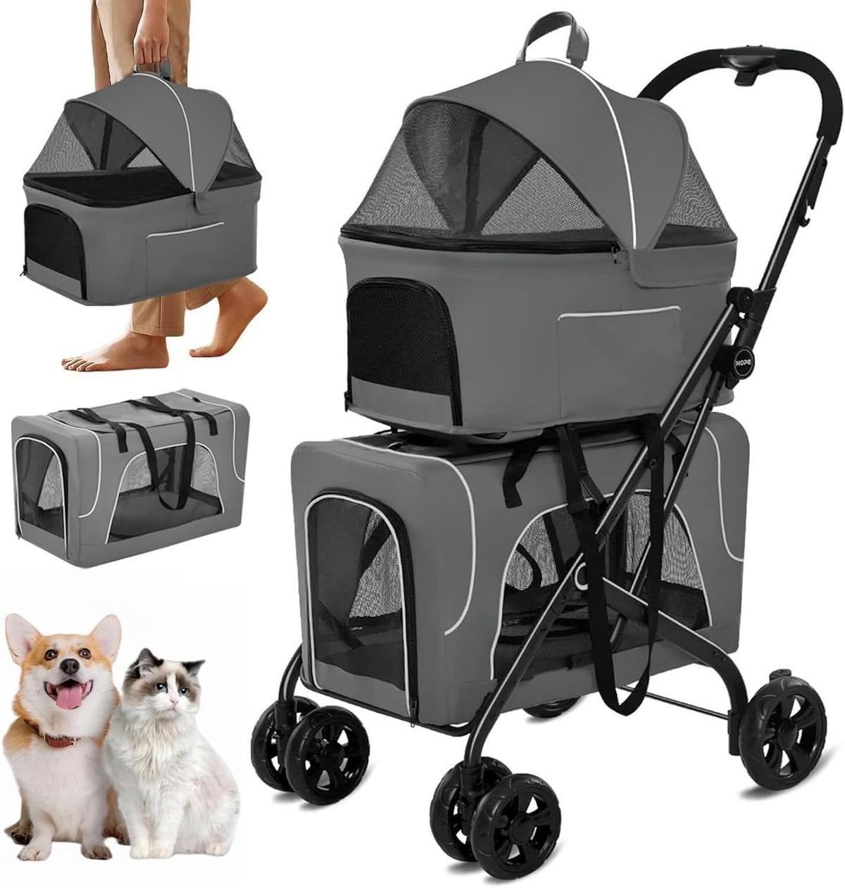 Double Dog Stroller with Detachable Carriers, Foldable Pet Cart for Small & Medium Pets (Blue)