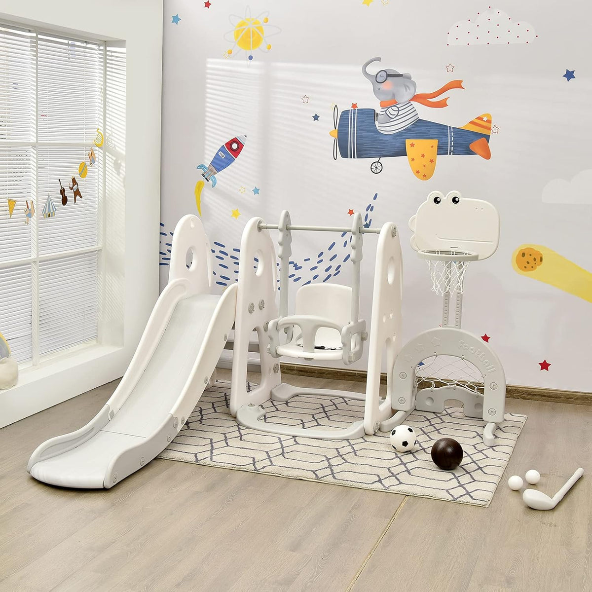 6-in-1 Kids Swing & Slide Set with Climbing Wall, Basketball Hoop, Football & Golf, Indoor/Outdoor Backyard Playground for Toddlers