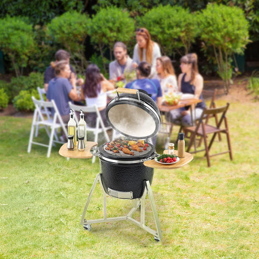18" Portable Charcoal/Propane Grill with Lid & Cart, Stainless Steel Outdoor Smoker (Black)