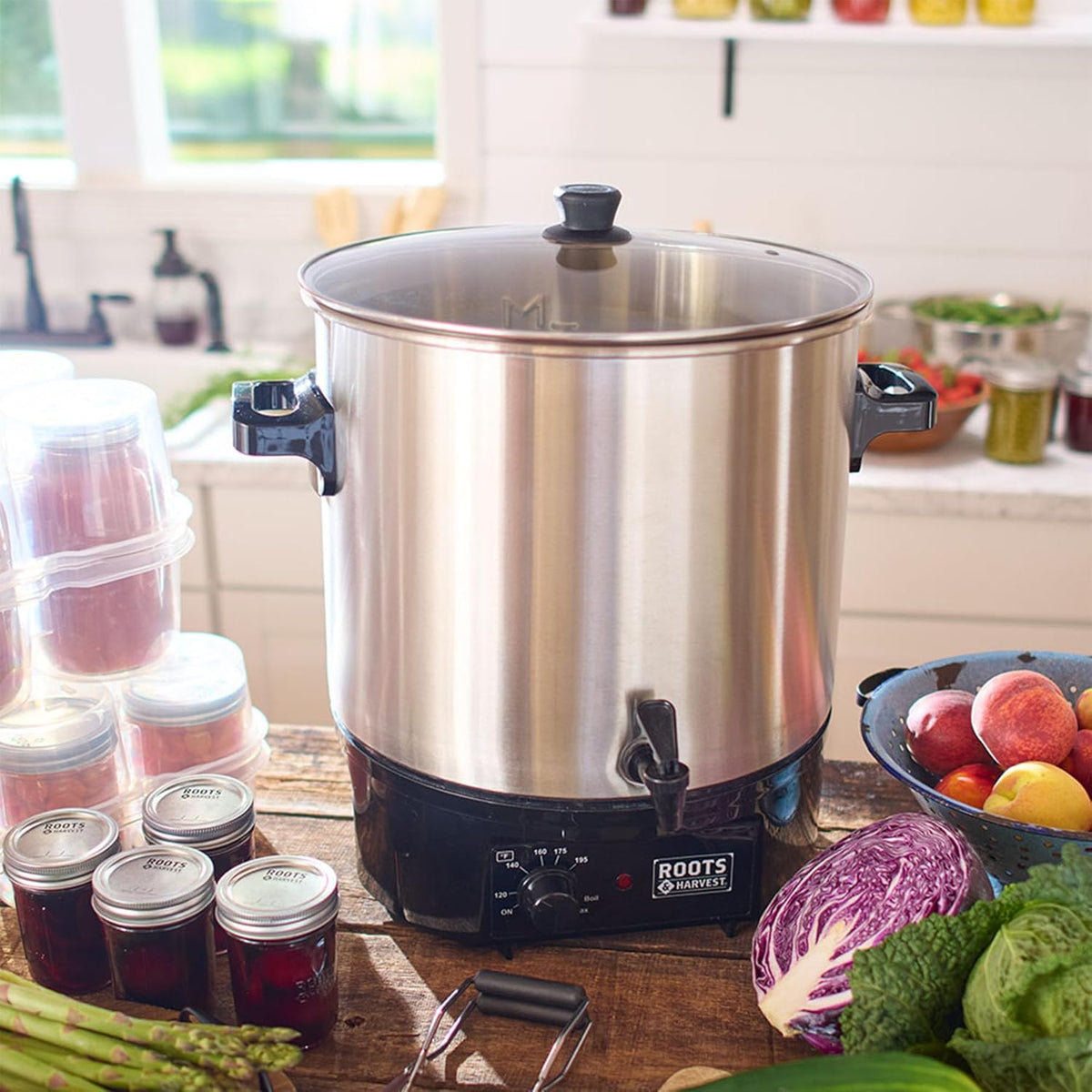 Electric bath canning pot - Stainless steel body with glass lid | Capacity 27 liters, suitable for home canning.