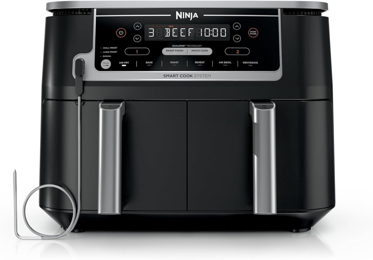 10Gal 6-in-1 Dual-Zone Smart Air Fryer Oven, 2�5Gal Independent Baskets, Smart Cooking Thermometer, Sync Cook, Air Fry/Bake/Roast/Dehydrate/Heat/Reheat, Gray