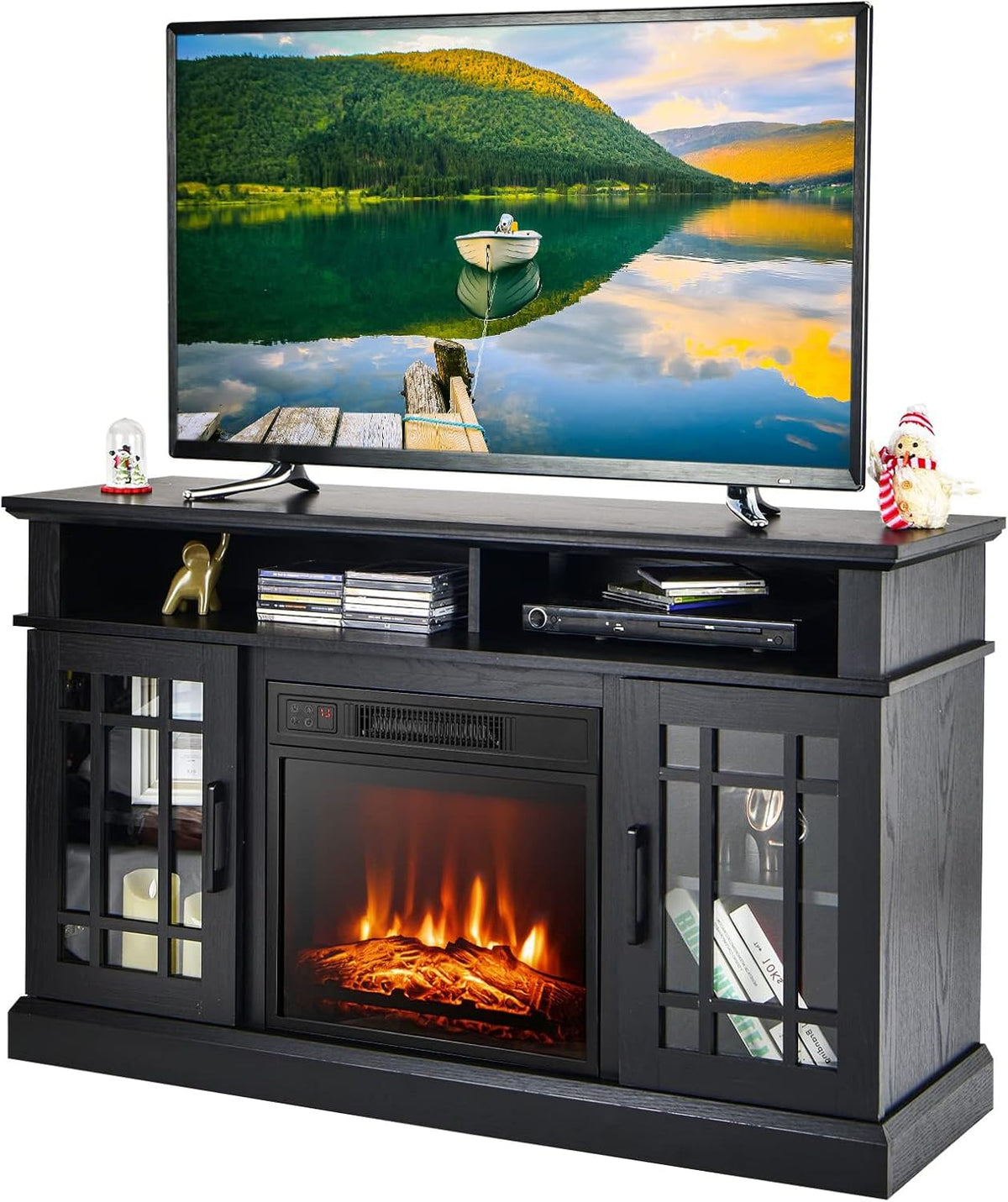 Electric Fireplace TV Stand for TVs Up to 55", Fireplace Entertainment Center with Cabinet & Adjustable Shelves, Remote Control (White)