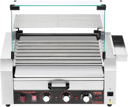 18-Roller Stainless Steel Hot Dog Machine 1200W, with Bun Warmer & 3 Temperature Settings, Home & Commercial Use