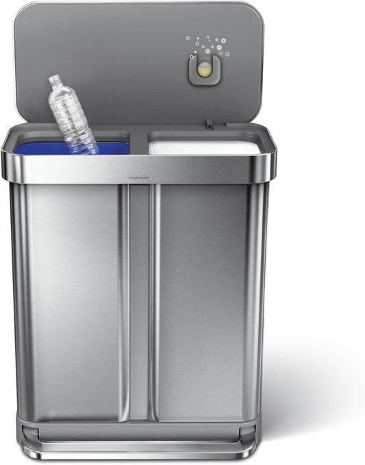 58L Brushed Stainless Steel Dual-Compartment Kitchen Recycling Bin with Soft-Close Lid