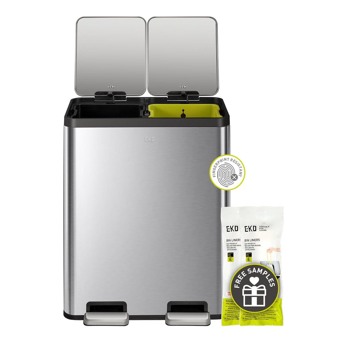 30L+30L Dual Stainless Steel Kitchen Recycling Bin, Foot Pedal, Slow Close, Fingerprint Resistant