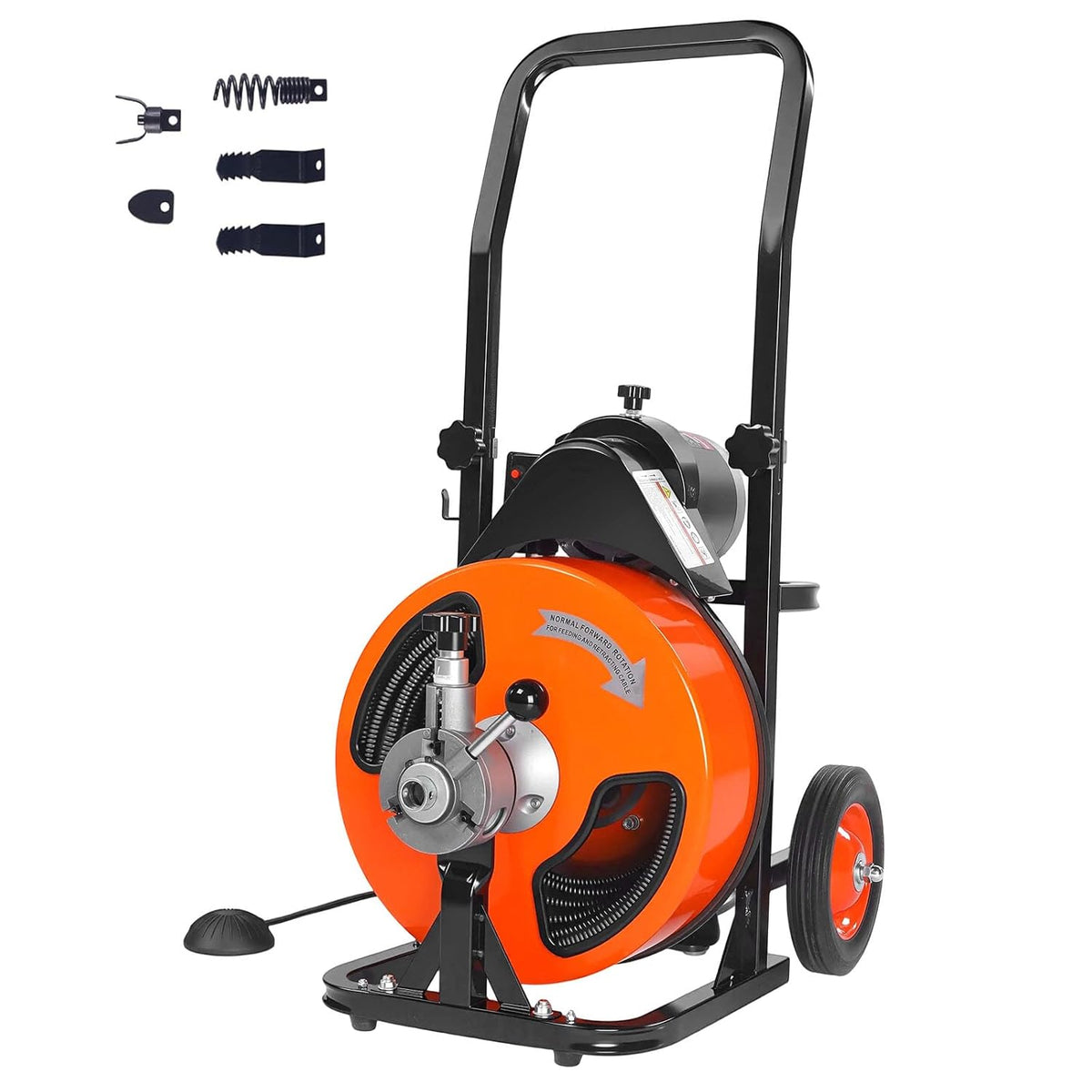 100FT x 3/8" Drain Cleaning Machine with Automatic Feed & Foot Switch, 4 Cutters for 2"-4" Pipes