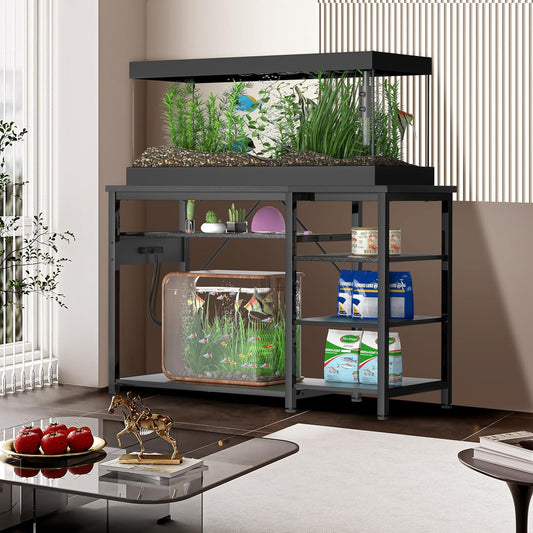 Heavy Duty 55-75 Gallon Aquarium Stand with Outlets & Cabinet, 1200LBS Metal Frame