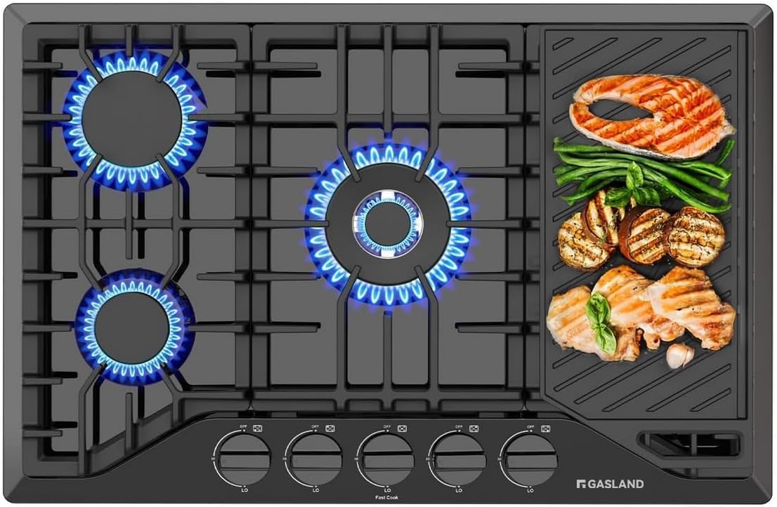 30" Professional 5-Burner Gas Range, Cast Iron Griddle/Grill, NG/LPG Convertible 120V (Black, CSA Certified)