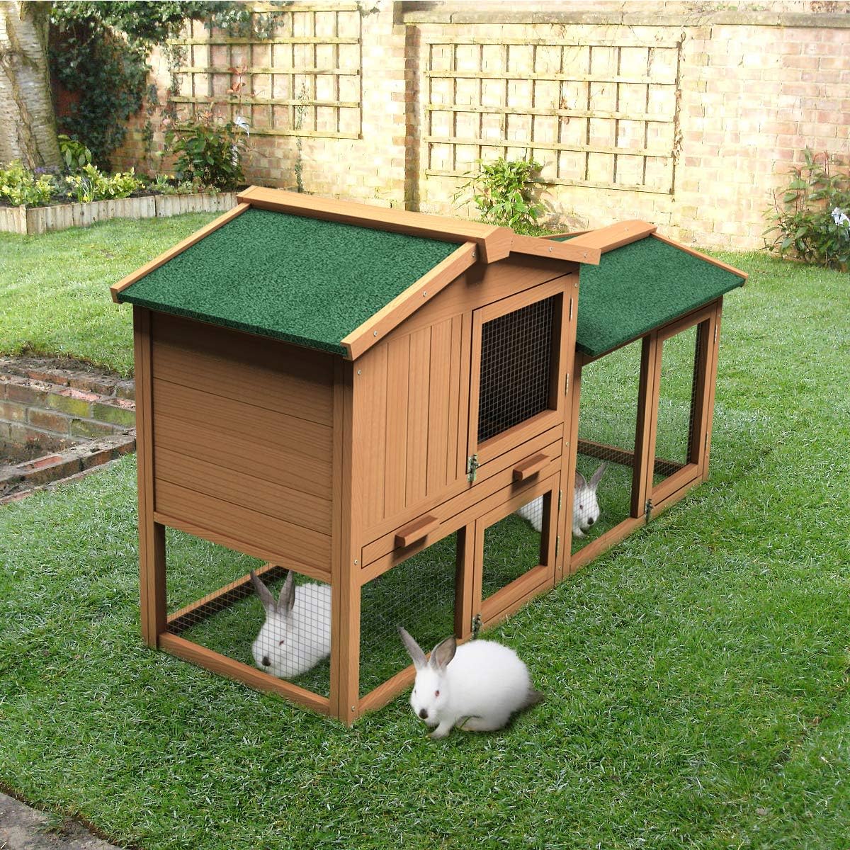 58" Wooden Chicken Coop with Nesting Box & Tray, Outdoor Rabbit Hutch (58x21x34)