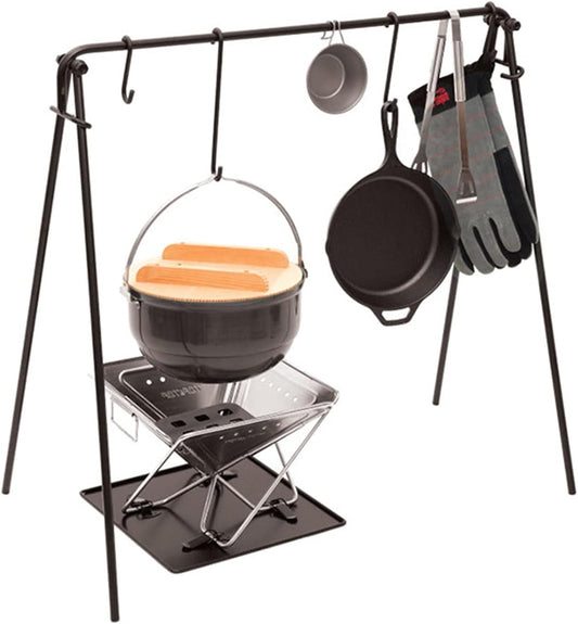 Grill Swing Campfire Cooking Stand with Hooks & Carry Bag - Black