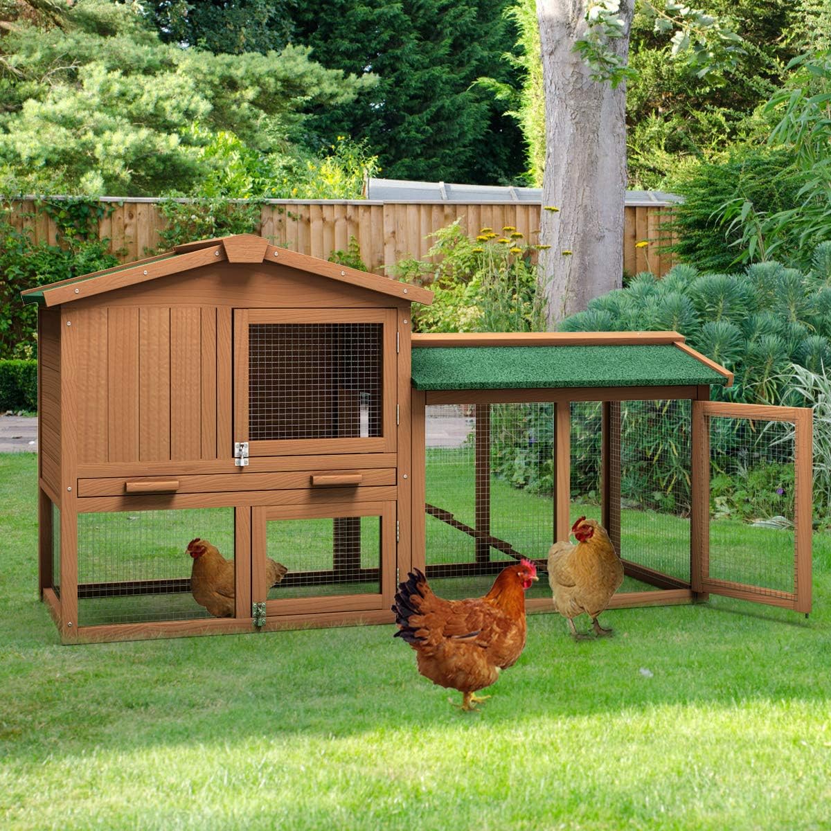 58" Wooden Chicken Coop with Nesting Box & Tray, Outdoor Rabbit Hutch (58x21x34)