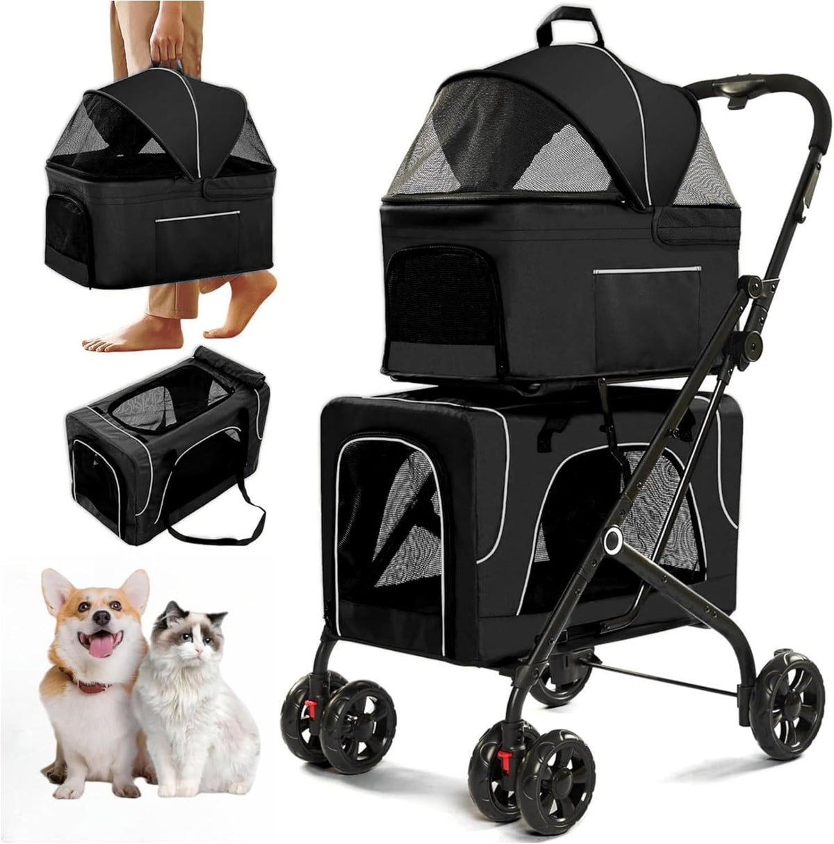 Double Dog Stroller with Detachable Carriers, Foldable Pet Cart for Small & Medium Pets (Blue)