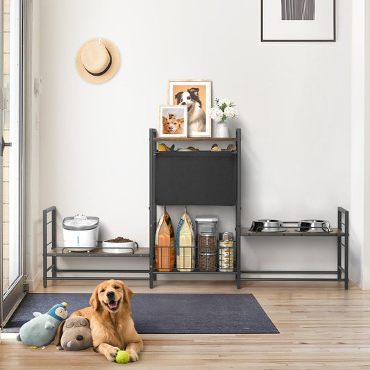 Adjustable Elevated Dog Bowl Stand with 2 Feeding Stations & Storage Basket