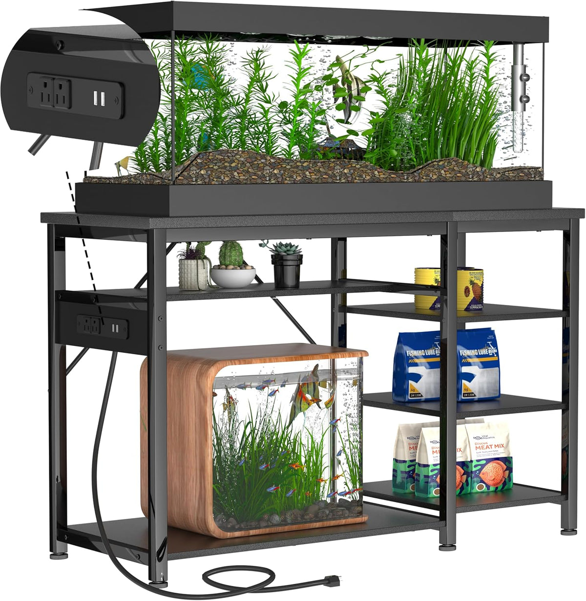 Heavy Duty 55-75 Gallon Aquarium Stand with Outlets & Cabinet, 1200LBS Metal Frame