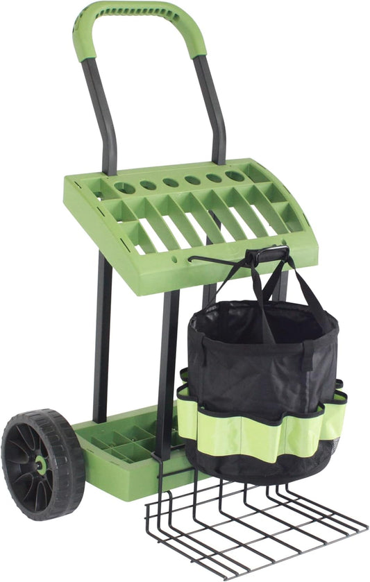 Garden Tool Carrier with Loading Bucket & Lift Board, Wheeled Tool Bag for Rakes, Shovels, Hoes Storage & Transport