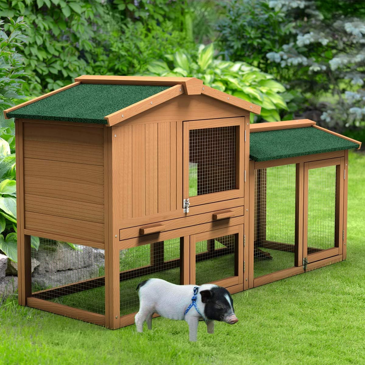58" Wooden Chicken Coop with Nesting Box & Tray, Outdoor Rabbit Hutch (58x21x34)