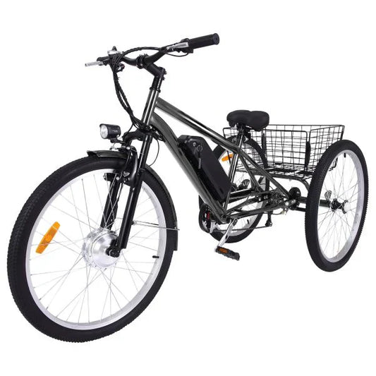 26 Inch Adult 3 Wheel Electric Tricycle with Basket, Fat Tires,7 Speeds,350W Powerful Motor, 36V 10Ah Removable Battery ���ゆ�� Dark Gray