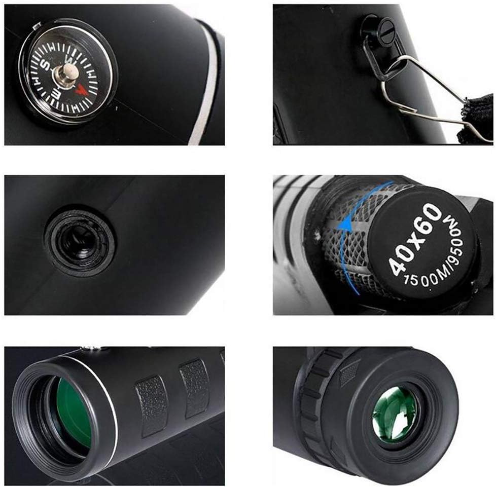 40X60 Monocular BAK4 Monocular Telescope HDPrism Scope with Compass Phone Clip Tripod for Outdoor Activities