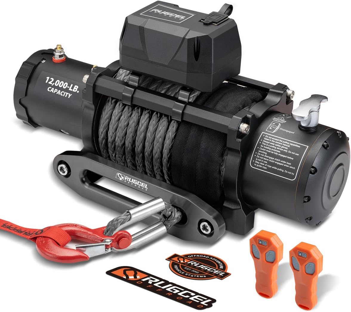RUGCEL 12000lb 12V Waterproof Electric Winch Steel Rope with Roller Fairlead & Remote