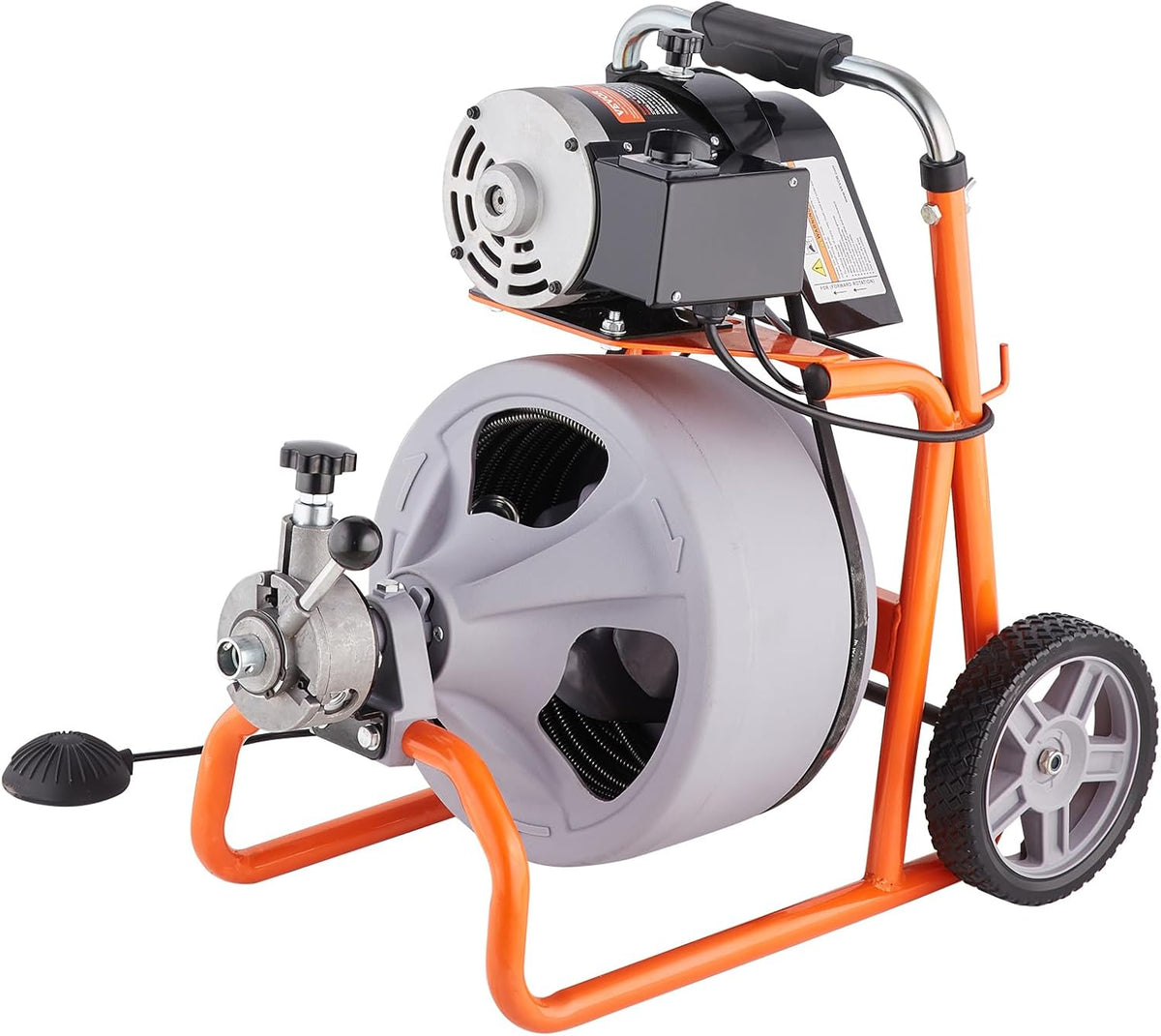 75FT x 3/8" Drain Cleaning Machine, Automatic Feed with Roller Winch, Portable, 8 Cutters & Pneumatic Foot Switch, For 2"-4" Pipes