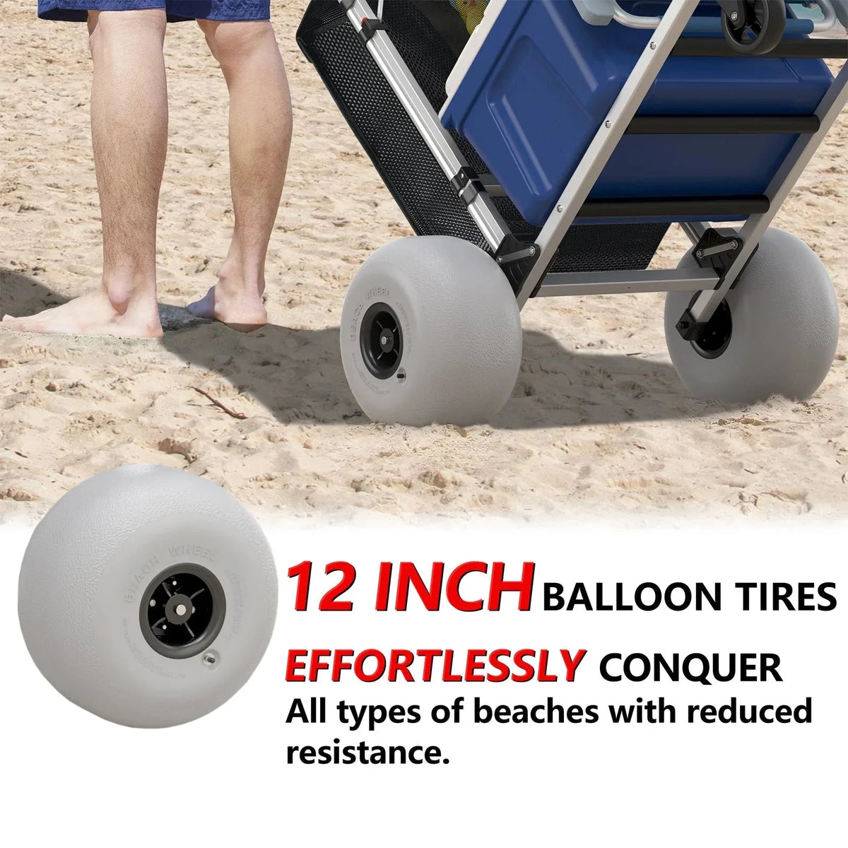 Foldable Beach Cart with Adjustable Handle 12" Balloon Wheels, Heavy Duty Aluminum, 220LBS Capacity