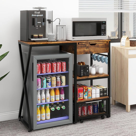 Coffee Bar Cabinet with Mini Fridge Space, Wine Storage, Power Outlet, Microwave Shelf, Workstation