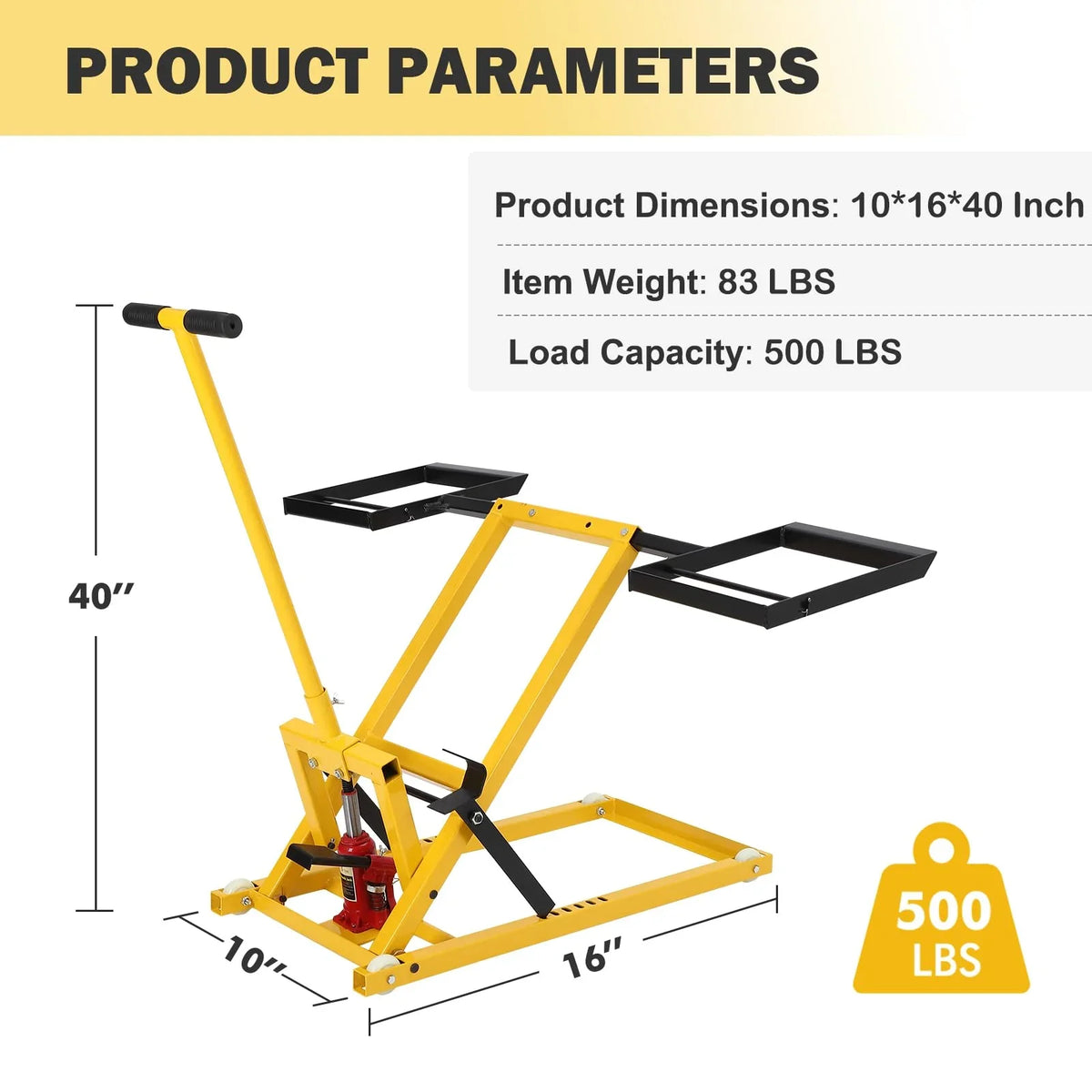26 Inch Hydraulic Lawn Mower Lift, 500 LBS Capacity, Solid Steel, for Riding Mowers Tractors ATVs