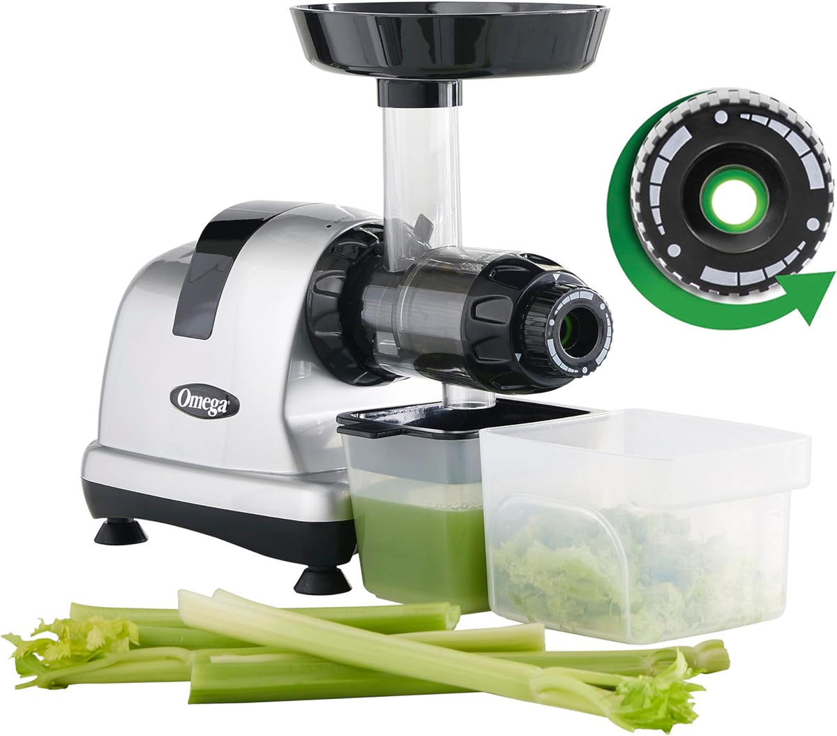 Medium-speed slow-chewing celery juicer with high juice yield, adjustable knob, 200 watts, silver appearance