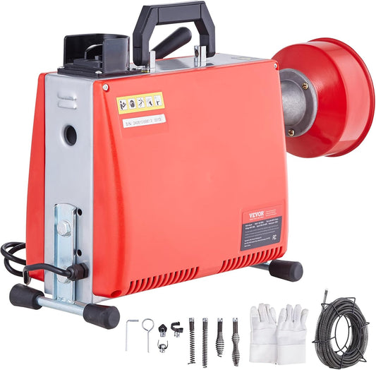 66FT x 5/8" Segmented Drain Cleaner 250W, Manual Feed, 7 Cutters & 2 Cables for 1.6"-4" Pipes
