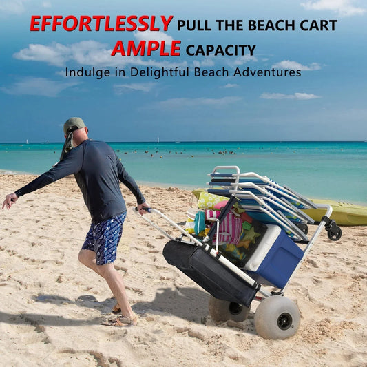 Foldable Beach Cart with Adjustable Handle 12" Balloon Wheels, Heavy Duty Aluminum, 220LBS Capacity