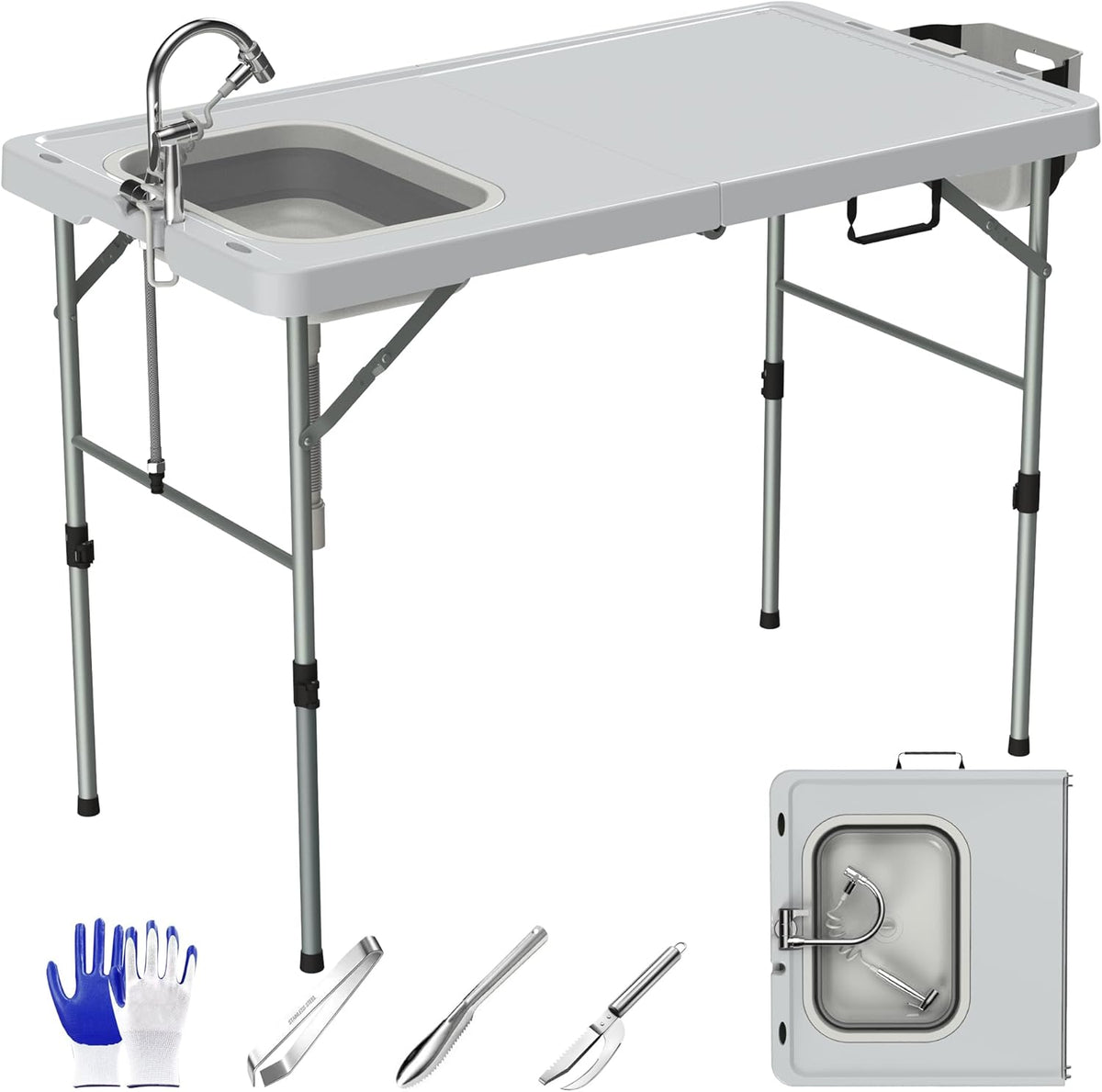 Foldable Fish Cleaning Table, Portable Camping Table with Sink, Measuring Marks, Faucet & Spray Gun for Camping, Garden, Kitchen, RV & Beach