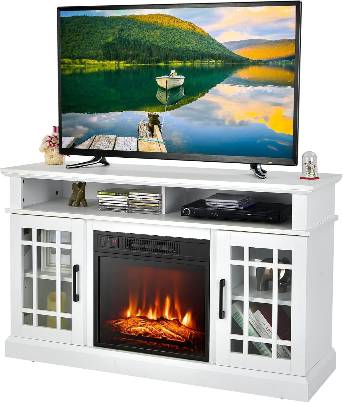 Electric Fireplace TV Stand for TVs Up to 55", Fireplace Entertainment Center with Cabinet & Adjustable Shelves, Remote Control (White)