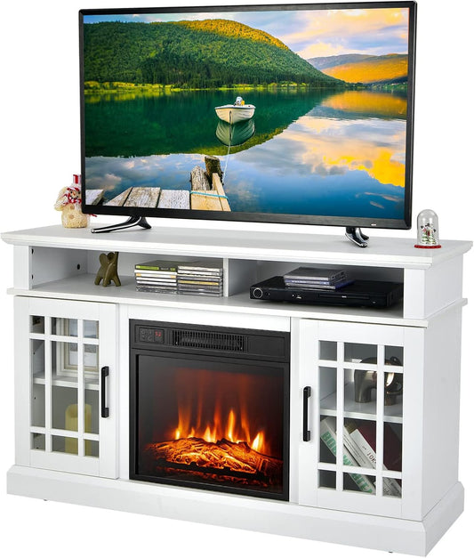 Electric Fireplace TV Stand for TVs Up to 55", Fireplace Entertainment Center with Cabinet & Adjustable Shelves, Remote Control (White)