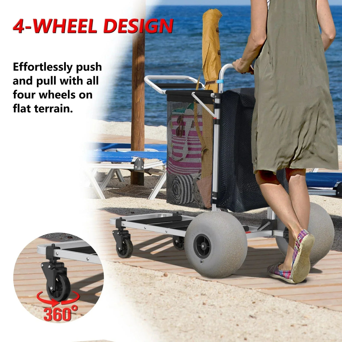 Foldable Beach Cart with Adjustable Handle 12" Balloon Wheels, Heavy Duty Aluminum, 220LBS Capacity