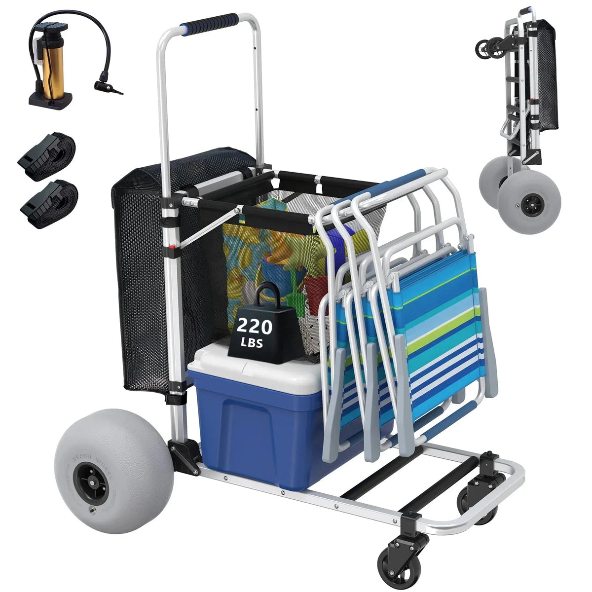Foldable Beach Cart with Adjustable Handle 12" Balloon Wheels, Heavy Duty Aluminum, 220LBS Capacity