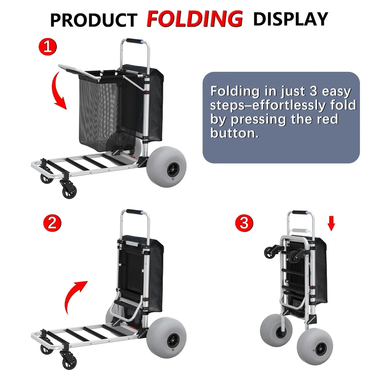 Foldable Beach Cart with Adjustable Handle 12" Balloon Wheels, Heavy Duty Aluminum, 220LBS Capacity
