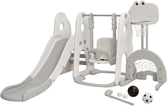 6-in-1 Kids Swing & Slide Set with Climbing Wall, Basketball Hoop, Football & Golf, Indoor/Outdoor Backyard Playground for Toddlers
