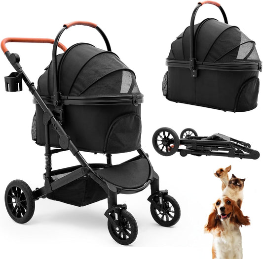 3-in-1 Foldable 4-Wheel Pet Stroller for Small/Medium Pets up to 50lbs (Grey)
