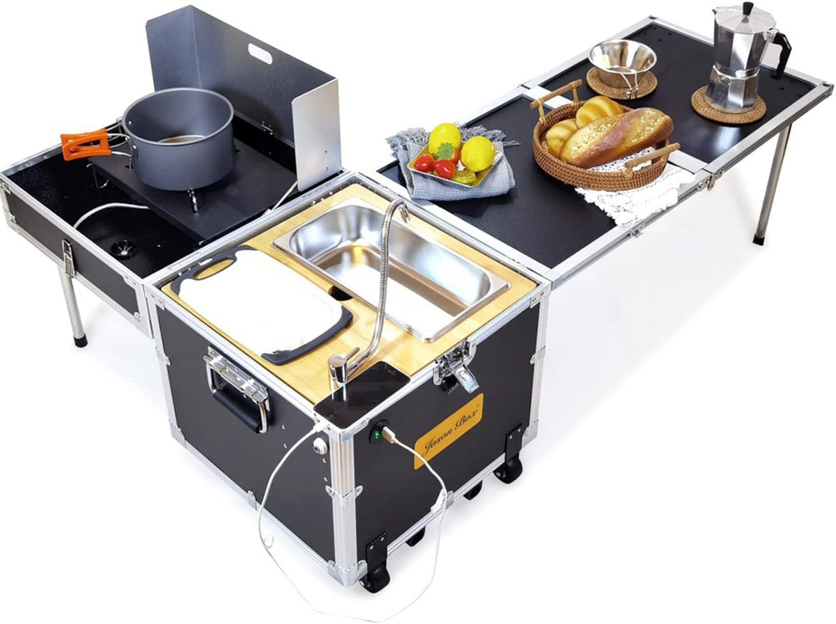 Camping Kitchen Station Folding Table|Aluminum Portable Outdoor Cooking Station|with Windscreen, Sink, Folding Side Table, Storage Organizer|for BBQ Party and Outdoor Activities