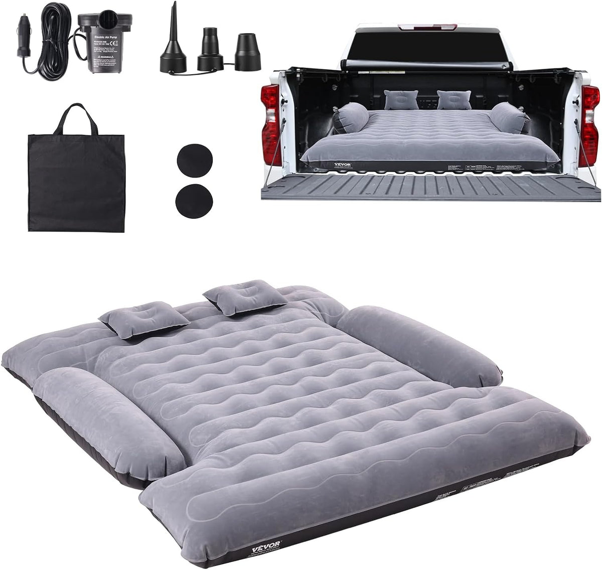 Full-Size Truck Bed Air Mattress 5.5–5.8ft, 12V Pump, 2 Pillows & Carry Bag