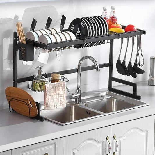 85CM Dish Drying Rack Kitchen Over The Sink Dish Drain Rack Utensil Holder Double Sink Stainless Steel Matt Black kitchen