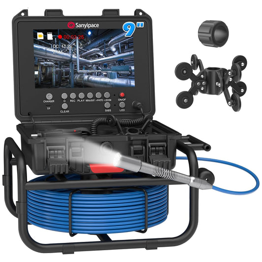 100FT/30M Sewer Inspection Camera, 23mm HD, 9" IPS Screen, 5X Zoom, DVR & 16GB Card