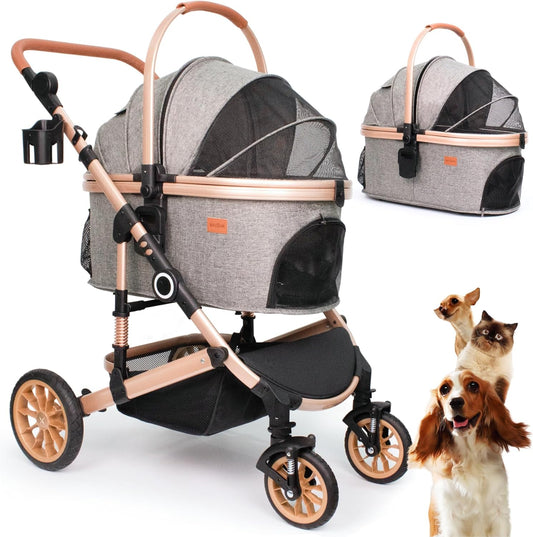 3-in-1 Foldable 4-Wheel Pet Stroller for Small/Medium Pets up to 50lbs (Grey)