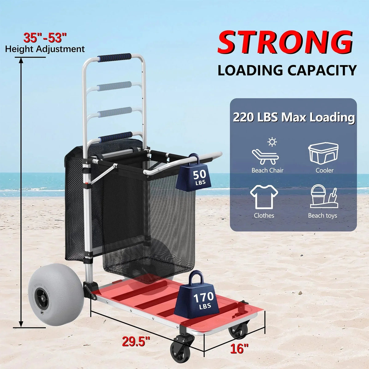 Foldable Beach Cart with Adjustable Handle 12" Balloon Wheels, Heavy Duty Aluminum, 220LBS Capacity