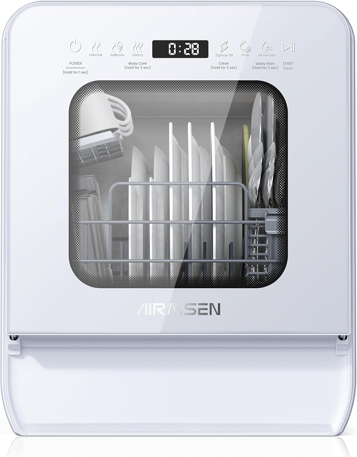 Portable Countertop Dishwasher, 5L Tank, 3 Spray Arms, 12H Delay, No Hookup Needed, White