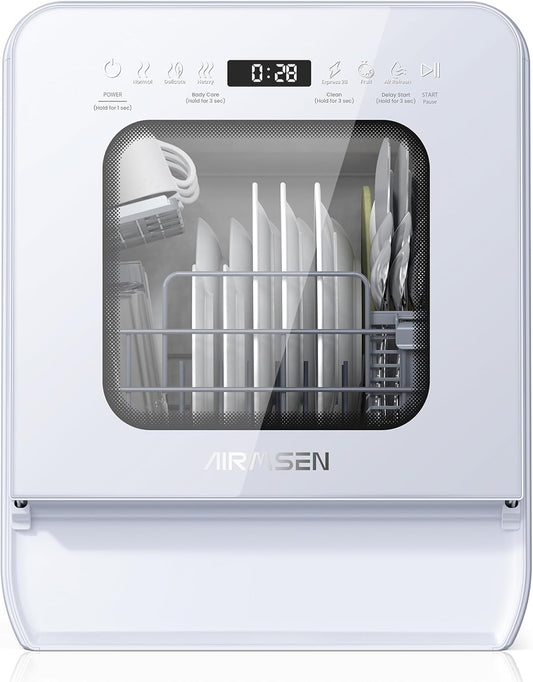 Portable Countertop Dishwasher, 5L Tank, 3 Spray Arms, 12H Delay, No Hookup Needed, White